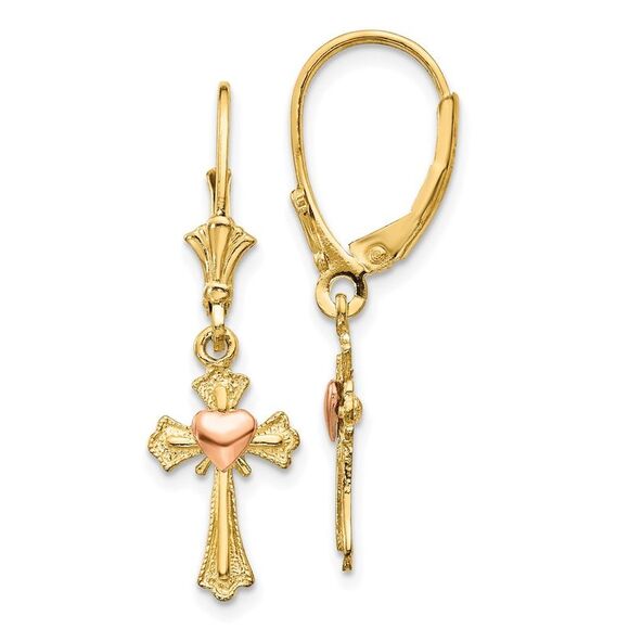 14k Yellow Gold Two-tone Heart on Cross Leverback Earrings